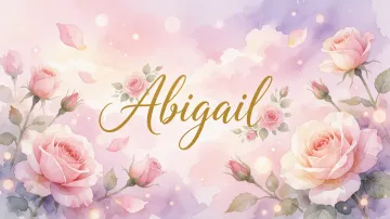 Abigail horizontal diseño 10 - Diseño estilo acuarela con un fondo etéreo y texturizado en nubes de tonos rosa pastel y lila suave. Presenta composiciones de rosas abiertas y capullos en los bordes inferior y superior, con pétalos cayendo delicadamente. Incorpora destellos de luz cálida (efecto bokeh) y, en el centro, resalta una tipografía elegante, cursiva y fluida en color dorado.