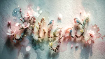Abigail horizontal diseño 11 - Un delicado diseño de estilo acuarela digital que combina una tipografía de caligrafía personalizada para el nombre en tonos dorados y rosados suaves, adornada con pequeñas hojas y brotes. Un pajarito azul y naranja vibrante está posado en una de las letras. Todo está rodeado por un marco circular de ramas de cerezo en flor con delicadas flores rosadas y blancas. El fondo es un lavado de acuarela difuminado en tonos pastel suaves de azul cerceta, rosa rubor y melocotón sobre una textura de papel rugoso, con destellos luminosos y motas de luz bokeh flotando alrededor, creando una atmósfera mágica y soñadora. Las sombras suaves proyectadas añaden profundidad.