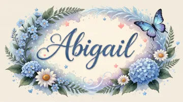 Abigail horizontal diseño 4 - Composición magica con nombre en letra cursiva azul, rodeado de hortensias azules, margaritas blancas y delicadas flores silvestres, enmarcado por suaves remolinos de agua, mariposas azules y destellos estelares sobre un fondo etéreo y romántico.