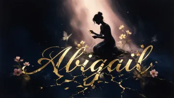 Abigail horizontal diseño 6 - Composición de ilustración semirrealista cinematográfica con silueta femenina tejiendo un hilo dorado de luz sobre un suelo oscuro fracturado al estilo Kintsugi, donde el nombre resalta en un prominente guión caligráfico dorado que emerge de las grietas, rodeado de flores blancas, mariposas y un fondo degradado de azules profundos iluminado por una luz celestial en tonos melocotón y crema, con una frase de aliento en tipografía blanca en la parte inferior.