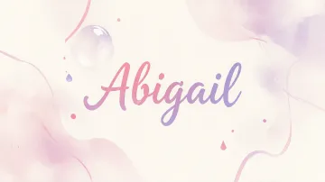 Abigail horizontal diseño 7 - Diseño abstracto en acuarela sobre fondo crema, con manchas fluidas y etéreas en rosa pastel y lila, líneas curvas que aportan movimiento, pequeñas gotas salpicadas cayendo verticalmente y una burbuja translúcida en la parte superior izquierda. El nombre resalta al centro con una tipografía cursiva amplia y elegante en degradado rosa a morado.