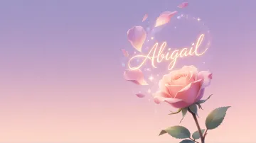 Abigail horizontal diseño 8 - Fondo de Pantalla con degradado suave que transiciona de lila en la parte superior a melocotón y rosa pastel en la base, destacando una rosa rosada hiperrealista con tallo y hojas verdes. El nombre brilla en tipografía cursiva con efecto neón cálido, adornado con pétalos cayendo y chispas de luz mágica.