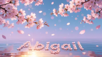 Abigail horizontal diseño 9 - Composición serena y onírica con ramas de cerezo en flor (sakura) en la parte superior contra un cielo en degradado de azul suave y lila. Pétalos de color rosa pastel flotan delicadamente en el aire cayendo hacia una superficie de agua tranquila y cristalina. En el centro inferior, el nombre está formado por pétalos de flores con un sutil efecto de relieve 3D y tipografía floral, reflejándose sobre el agua que está iluminada por un cálido destello dorado de luz solar en la esquina inferior derecha.