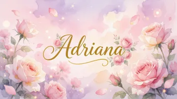 Adriana horizontal diseño 10 - Diseño estilo acuarela con un fondo etéreo y texturizado en nubes de tonos rosa pastel y lila suave. Presenta composiciones de rosas abiertas y capullos en los bordes inferior y superior, con pétalos cayendo delicadamente. Incorpora destellos de luz cálida (efecto bokeh) y, en el centro, resalta una tipografía elegante, cursiva y fluida en color dorado.