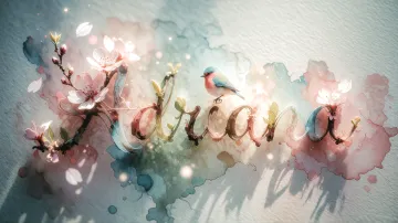 Adriana horizontal diseño 11 - Un delicado diseño de estilo acuarela digital que combina una tipografía de caligrafía personalizada para el nombre en tonos dorados y rosados suaves, adornada con pequeñas hojas y brotes. Un pajarito azul y naranja vibrante está posado en una de las letras. Todo está rodeado por un marco circular de ramas de cerezo en flor con delicadas flores rosadas y blancas. El fondo es un lavado de acuarela difuminado en tonos pastel suaves de azul cerceta, rosa rubor y melocotón sobre una textura de papel rugoso, con destellos luminosos y motas de luz bokeh flotando alrededor, creando una atmósfera mágica y soñadora. Las sombras suaves proyectadas añaden profundidad.