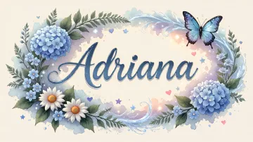 Adriana horizontal diseño 4 - Composición magica con nombre en letra cursiva azul, rodeado de hortensias azules, margaritas blancas y delicadas flores silvestres, enmarcado por suaves remolinos de agua, mariposas azules y destellos estelares sobre un fondo etéreo y romántico.
