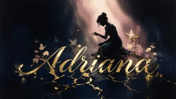 Adriana horizontal diseño 6 - Composición de ilustración semirrealista cinematográfica con silueta femenina tejiendo un hilo dorado de luz sobre un suelo oscuro fracturado al estilo Kintsugi, donde el nombre resalta en un prominente guión caligráfico dorado que emerge de las grietas, rodeado de flores blancas, mariposas y un fondo degradado de azules profundos iluminado por una luz celestial en tonos melocotón y crema, con una frase de aliento en tipografía blanca en la parte inferior.