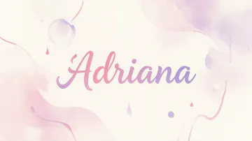 Adriana horizontal diseño 7 - Diseño abstracto en acuarela sobre fondo crema, con manchas fluidas y etéreas en rosa pastel y lila, líneas curvas que aportan movimiento, pequeñas gotas salpicadas cayendo verticalmente y una burbuja translúcida en la parte superior izquierda. El nombre resalta al centro con una tipografía cursiva amplia y elegante en degradado rosa a morado.