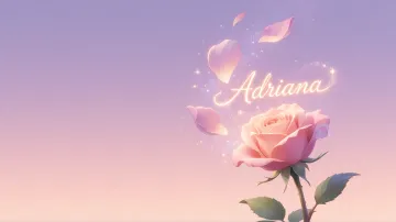 Adriana horizontal diseño 8 - Fondo de Pantalla con degradado suave que transiciona de lila en la parte superior a melocotón y rosa pastel en la base, destacando una rosa rosada hiperrealista con tallo y hojas verdes. El nombre brilla en tipografía cursiva con efecto neón cálido, adornado con pétalos cayendo y chispas de luz mágica.