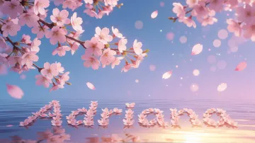 Adriana horizontal diseño 9 - Composición serena y onírica con ramas de cerezo en flor (sakura) en la parte superior contra un cielo en degradado de azul suave y lila. Pétalos de color rosa pastel flotan delicadamente en el aire cayendo hacia una superficie de agua tranquila y cristalina. En el centro inferior, el nombre está formado por pétalos de flores con un sutil efecto de relieve 3D y tipografía floral, reflejándose sobre el agua que está iluminada por un cálido destello dorado de luz solar en la esquina inferior derecha.