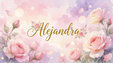 Alejandra horizontal diseño 10 - Diseño estilo acuarela con un fondo etéreo y texturizado en nubes de tonos rosa pastel y lila suave. Presenta composiciones de rosas abiertas y capullos en los bordes inferior y superior, con pétalos cayendo delicadamente. Incorpora destellos de luz cálida (efecto bokeh) y, en el centro, resalta una tipografía elegante, cursiva y fluida en color dorado.