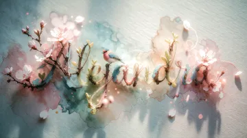 Alejandra horizontal diseño 11 - Un delicado diseño de estilo acuarela digital que combina una tipografía de caligrafía personalizada para el nombre en tonos dorados y rosados suaves, adornada con pequeñas hojas y brotes. Un pajarito azul y naranja vibrante está posado en una de las letras. Todo está rodeado por un marco circular de ramas de cerezo en flor con delicadas flores rosadas y blancas. El fondo es un lavado de acuarela difuminado en tonos pastel suaves de azul cerceta, rosa rubor y melocotón sobre una textura de papel rugoso, con destellos luminosos y motas de luz bokeh flotando alrededor, creando una atmósfera mágica y soñadora. Las sombras suaves proyectadas añaden profundidad.
