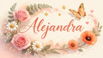 Alejandra horizontal diseño 3 - Elegante composición de rosas rosadas y amapolas naranjas con mariposas doradas brillantes sobre un fondo cálido, romántico y mágico.