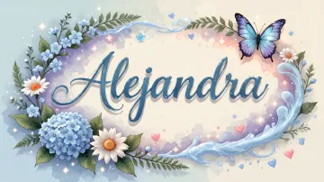 Alejandra horizontal diseño 4 - Composición magica con nombre en letra cursiva azul, rodeado de hortensias azules, margaritas blancas y delicadas flores silvestres, enmarcado por suaves remolinos de agua, mariposas azules y destellos estelares sobre un fondo etéreo y romántico.