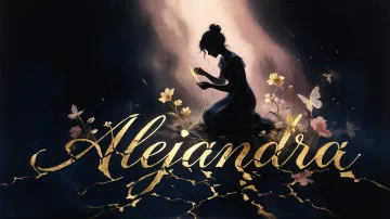 Alejandra horizontal diseño 6 - Composición de ilustración semirrealista cinematográfica con silueta femenina tejiendo un hilo dorado de luz sobre un suelo oscuro fracturado al estilo Kintsugi, donde el nombre resalta en un prominente guión caligráfico dorado que emerge de las grietas, rodeado de flores blancas, mariposas y un fondo degradado de azules profundos iluminado por una luz celestial en tonos melocotón y crema, con una frase de aliento en tipografía blanca en la parte inferior.