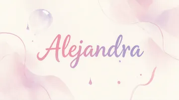 Alejandra horizontal diseño 7 - Diseño abstracto en acuarela sobre fondo crema, con manchas fluidas y etéreas en rosa pastel y lila, líneas curvas que aportan movimiento, pequeñas gotas salpicadas cayendo verticalmente y una burbuja translúcida en la parte superior izquierda. El nombre resalta al centro con una tipografía cursiva amplia y elegante en degradado rosa a morado.