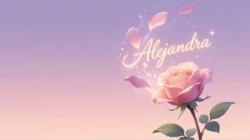 Alejandra horizontal diseño 8 - Fondo de Pantalla con degradado suave que transiciona de lila en la parte superior a melocotón y rosa pastel en la base, destacando una rosa rosada hiperrealista con tallo y hojas verdes. El nombre brilla en tipografía cursiva con efecto neón cálido, adornado con pétalos cayendo y chispas de luz mágica.