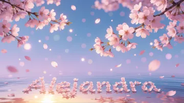 Alejandra horizontal diseño 9 - Composición serena y onírica con ramas de cerezo en flor (sakura) en la parte superior contra un cielo en degradado de azul suave y lila. Pétalos de color rosa pastel flotan delicadamente en el aire cayendo hacia una superficie de agua tranquila y cristalina. En el centro inferior, el nombre está formado por pétalos de flores con un sutil efecto de relieve 3D y tipografía floral, reflejándose sobre el agua que está iluminada por un cálido destello dorado de luz solar en la esquina inferior derecha.