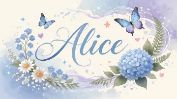 Alice horizontal diseño 1 - Hortensias azules, flores pequeñas y acuarela suave con mariposas azules y brillo etéreo