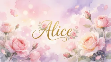 Alice horizontal diseño 10 - Diseño estilo acuarela con un fondo etéreo y texturizado en nubes de tonos rosa pastel y lila suave. Presenta composiciones de rosas abiertas y capullos en los bordes inferior y superior, con pétalos cayendo delicadamente. Incorpora destellos de luz cálida (efecto bokeh) y, en el centro, resalta una tipografía elegante, cursiva y fluida en color dorado.