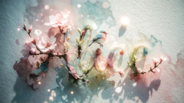 Alice horizontal diseño 11 - Un delicado diseño de estilo acuarela digital que combina una tipografía de caligrafía personalizada para el nombre en tonos dorados y rosados suaves, adornada con pequeñas hojas y brotes. Un pajarito azul y naranja vibrante está posado en una de las letras. Todo está rodeado por un marco circular de ramas de cerezo en flor con delicadas flores rosadas y blancas. El fondo es un lavado de acuarela difuminado en tonos pastel suaves de azul cerceta, rosa rubor y melocotón sobre una textura de papel rugoso, con destellos luminosos y motas de luz bokeh flotando alrededor, creando una atmósfera mágica y soñadora. Las sombras suaves proyectadas añaden profundidad.
