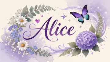 Alice horizontal diseño 2 - Diseño elegante de hortensias en tonos lila y morados suaves, con volutas estilizadas y una mariposa mística que aporta un toque etéreo y mágico.