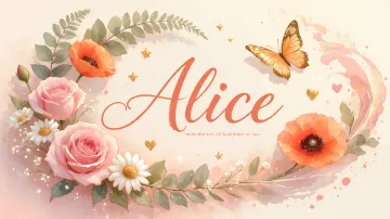 Alice horizontal diseño 3 - Elegante composición de rosas rosadas y amapolas naranjas con mariposas doradas brillantes sobre un fondo cálido, romántico y mágico.