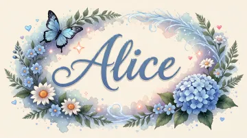 Alice horizontal diseño 4 - Composición magica con nombre en letra cursiva azul, rodeado de hortensias azules, margaritas blancas y delicadas flores silvestres, enmarcado por suaves remolinos de agua, mariposas azules y destellos estelares sobre un fondo etéreo y romántico.
