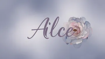 Alice horizontal diseño 5 - Nombre en elegante tipografía cursiva caligráfica en tono lavanda, sobre fondo acuarela de cielo nublado en tonos pastel (azul, blanco, lavanda), decorado con rosa en acuarela de pétalos rosa pálido, blanco crema y lilas suaves con hojas en gris-verde.
