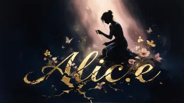 Alice horizontal diseño 6 - Composición de ilustración semirrealista cinematográfica con silueta femenina tejiendo un hilo dorado de luz sobre un suelo oscuro fracturado al estilo Kintsugi, donde el nombre resalta en un prominente guión caligráfico dorado que emerge de las grietas, rodeado de flores blancas, mariposas y un fondo degradado de azules profundos iluminado por una luz celestial en tonos melocotón y crema, con una frase de aliento en tipografía blanca en la parte inferior.
