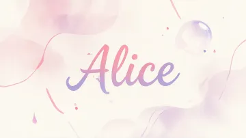 Alice horizontal diseño 7 - Diseño abstracto en acuarela sobre fondo crema, con manchas fluidas y etéreas en rosa pastel y lila, líneas curvas que aportan movimiento, pequeñas gotas salpicadas cayendo verticalmente y una burbuja translúcida en la parte superior izquierda. El nombre resalta al centro con una tipografía cursiva amplia y elegante en degradado rosa a morado.