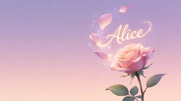 Alice horizontal diseño 8 - Fondo de Pantalla con degradado suave que transiciona de lila en la parte superior a melocotón y rosa pastel en la base, destacando una rosa rosada hiperrealista con tallo y hojas verdes. El nombre brilla en tipografía cursiva con efecto neón cálido, adornado con pétalos cayendo y chispas de luz mágica.