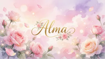 Alma horizontal diseño 10 - Diseño estilo acuarela con un fondo etéreo y texturizado en nubes de tonos rosa pastel y lila suave. Presenta composiciones de rosas abiertas y capullos en los bordes inferior y superior, con pétalos cayendo delicadamente. Incorpora destellos de luz cálida (efecto bokeh) y, en el centro, resalta una tipografía elegante, cursiva y fluida en color dorado.