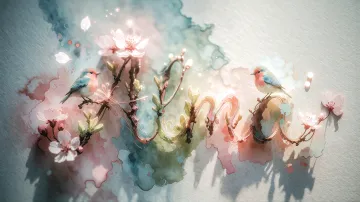 Alma horizontal diseño 11 - Un delicado diseño de estilo acuarela digital que combina una tipografía de caligrafía personalizada para el nombre en tonos dorados y rosados suaves, adornada con pequeñas hojas y brotes. Un pajarito azul y naranja vibrante está posado en una de las letras. Todo está rodeado por un marco circular de ramas de cerezo en flor con delicadas flores rosadas y blancas. El fondo es un lavado de acuarela difuminado en tonos pastel suaves de azul cerceta, rosa rubor y melocotón sobre una textura de papel rugoso, con destellos luminosos y motas de luz bokeh flotando alrededor, creando una atmósfera mágica y soñadora. Las sombras suaves proyectadas añaden profundidad.