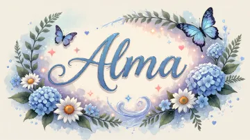 Alma horizontal diseño 4 - Composición magica con nombre en letra cursiva azul, rodeado de hortensias azules, margaritas blancas y delicadas flores silvestres, enmarcado por suaves remolinos de agua, mariposas azules y destellos estelares sobre un fondo etéreo y romántico.