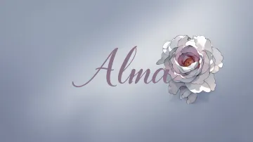 Alma horizontal diseño 5 - Nombre en elegante tipografía cursiva caligráfica en tono lavanda, sobre fondo acuarela de cielo nublado en tonos pastel (azul, blanco, lavanda), decorado con rosa en acuarela de pétalos rosa pálido, blanco crema y lilas suaves con hojas en gris-verde.
