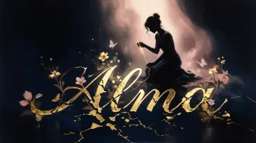 Alma horizontal diseño 6 - Composición de ilustración semirrealista cinematográfica con silueta femenina tejiendo un hilo dorado de luz sobre un suelo oscuro fracturado al estilo Kintsugi, donde el nombre resalta en un prominente guión caligráfico dorado que emerge de las grietas, rodeado de flores blancas, mariposas y un fondo degradado de azules profundos iluminado por una luz celestial en tonos melocotón y crema, con una frase de aliento en tipografía blanca en la parte inferior.