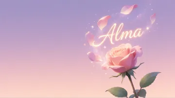 Alma horizontal diseño 8 - Fondo de Pantalla con degradado suave que transiciona de lila en la parte superior a melocotón y rosa pastel en la base, destacando una rosa rosada hiperrealista con tallo y hojas verdes. El nombre brilla en tipografía cursiva con efecto neón cálido, adornado con pétalos cayendo y chispas de luz mágica.
