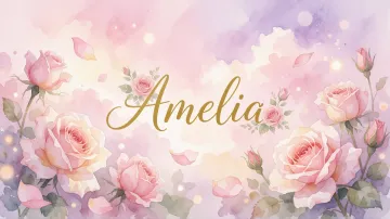 Amelia horizontal diseño 10 - Diseño estilo acuarela con un fondo etéreo y texturizado en nubes de tonos rosa pastel y lila suave. Presenta composiciones de rosas abiertas y capullos en los bordes inferior y superior, con pétalos cayendo delicadamente. Incorpora destellos de luz cálida (efecto bokeh) y, en el centro, resalta una tipografía elegante, cursiva y fluida en color dorado.