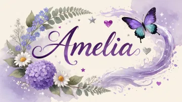 Amelia horizontal diseño 2 - Diseño elegante de hortensias en tonos lila y morados suaves, con volutas estilizadas y una mariposa mística que aporta un toque etéreo y mágico.