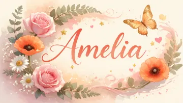 Amelia horizontal diseño 3 - Elegante composición de rosas rosadas y amapolas naranjas con mariposas doradas brillantes sobre un fondo cálido, romántico y mágico.