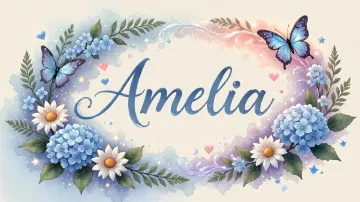 Amelia horizontal diseño 4 - Composición magica con nombre en letra cursiva azul, rodeado de hortensias azules, margaritas blancas y delicadas flores silvestres, enmarcado por suaves remolinos de agua, mariposas azules y destellos estelares sobre un fondo etéreo y romántico.