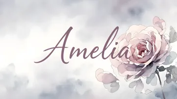Amelia horizontal diseño 5 - Nombre en elegante tipografía cursiva caligráfica en tono lavanda, sobre fondo acuarela de cielo nublado en tonos pastel (azul, blanco, lavanda), decorado con rosa en acuarela de pétalos rosa pálido, blanco crema y lilas suaves con hojas en gris-verde.