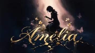 Amelia horizontal diseño 6 - Composición de ilustración semirrealista cinematográfica con silueta femenina tejiendo un hilo dorado de luz sobre un suelo oscuro fracturado al estilo Kintsugi, donde el nombre resalta en un prominente guión caligráfico dorado que emerge de las grietas, rodeado de flores blancas, mariposas y un fondo degradado de azules profundos iluminado por una luz celestial en tonos melocotón y crema, con una frase de aliento en tipografía blanca en la parte inferior.