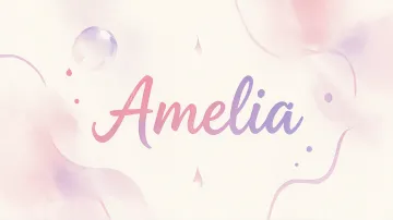 Amelia horizontal diseño 7 - Diseño abstracto en acuarela sobre fondo crema, con manchas fluidas y etéreas en rosa pastel y lila, líneas curvas que aportan movimiento, pequeñas gotas salpicadas cayendo verticalmente y una burbuja translúcida en la parte superior izquierda. El nombre resalta al centro con una tipografía cursiva amplia y elegante en degradado rosa a morado.