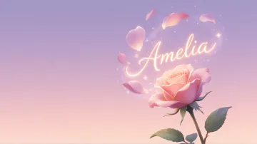 Amelia horizontal diseño 8 - Fondo de Pantalla con degradado suave que transiciona de lila en la parte superior a melocotón y rosa pastel en la base, destacando una rosa rosada hiperrealista con tallo y hojas verdes. El nombre brilla en tipografía cursiva con efecto neón cálido, adornado con pétalos cayendo y chispas de luz mágica.