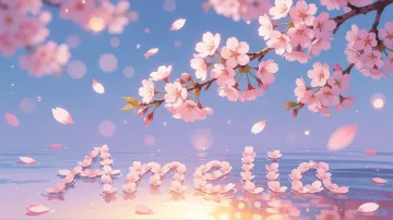 Amelia horizontal diseño 9 - Composición serena y onírica con ramas de cerezo en flor (sakura) en la parte superior contra un cielo en degradado de azul suave y lila. Pétalos de color rosa pastel flotan delicadamente en el aire cayendo hacia una superficie de agua tranquila y cristalina. En el centro inferior, el nombre está formado por pétalos de flores con un sutil efecto de relieve 3D y tipografía floral, reflejándose sobre el agua que está iluminada por un cálido destello dorado de luz solar en la esquina inferior derecha.