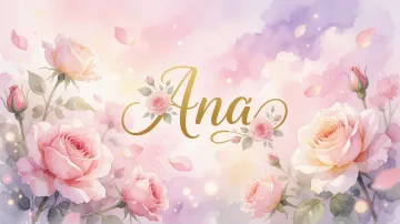 Ana horizontal diseño 10 - Diseño estilo acuarela con un fondo etéreo y texturizado en nubes de tonos rosa pastel y lila suave. Presenta composiciones de rosas abiertas y capullos en los bordes inferior y superior, con pétalos cayendo delicadamente. Incorpora destellos de luz cálida (efecto bokeh) y, en el centro, resalta una tipografía elegante, cursiva y fluida en color dorado.