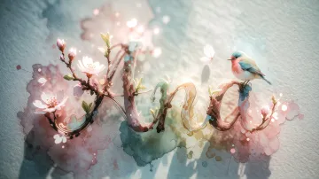 Ana horizontal diseño 11 - Un delicado diseño de estilo acuarela digital que combina una tipografía de caligrafía personalizada para el nombre en tonos dorados y rosados suaves, adornada con pequeñas hojas y brotes. Un pajarito azul y naranja vibrante está posado en una de las letras. Todo está rodeado por un marco circular de ramas de cerezo en flor con delicadas flores rosadas y blancas. El fondo es un lavado de acuarela difuminado en tonos pastel suaves de azul cerceta, rosa rubor y melocotón sobre una textura de papel rugoso, con destellos luminosos y motas de luz bokeh flotando alrededor, creando una atmósfera mágica y soñadora. Las sombras suaves proyectadas añaden profundidad.