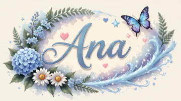 Ana horizontal diseño 4 - Composición magica con nombre en letra cursiva azul, rodeado de hortensias azules, margaritas blancas y delicadas flores silvestres, enmarcado por suaves remolinos de agua, mariposas azules y destellos estelares sobre un fondo etéreo y romántico.